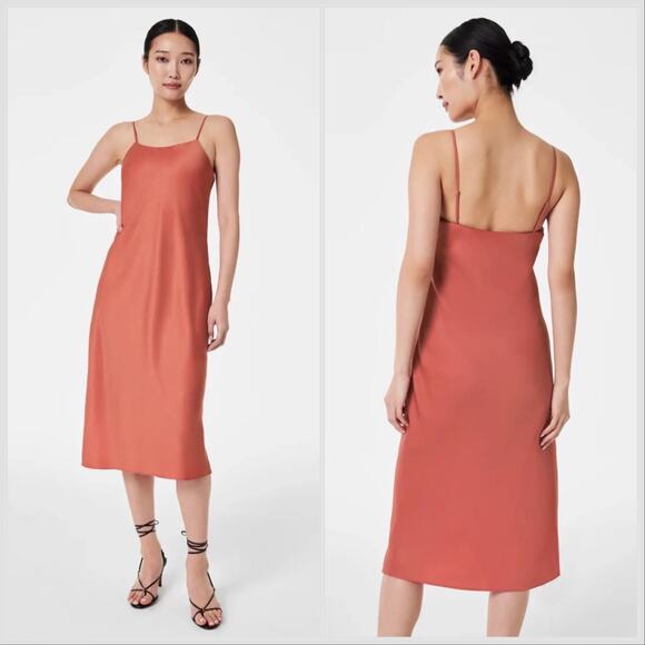 NWT SPANX Carefree Crepe Reversible Slip Midi Dress Coral Orange Sedona - Picture 14 of 14